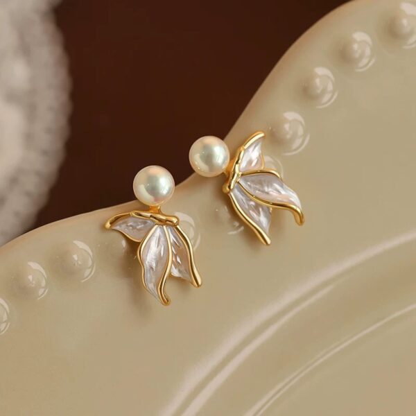 999 Silver Pearl Fish Tail Earrings - 图片 2